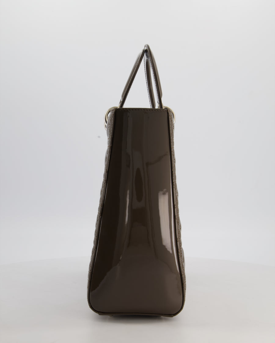 Christian Dior Large Lady Dior Bag in Dark Olive Green Patent Leather with Silver Hardware RRP £5,600