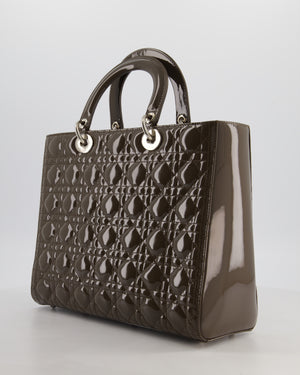 Christian Dior Large Lady Dior Bag in Dark Olive Green Patent Leather with Silver Hardware RRP £5,600