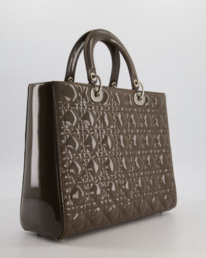 Christian Dior Large Lady Dior Bag in Dark Olive Green Patent Leather with Silver Hardware RRP £5,600