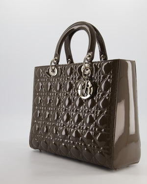 Christian Dior Large Lady Dior Bag in Dark Olive Green Patent Leather with Silver Hardware RRP £5,600