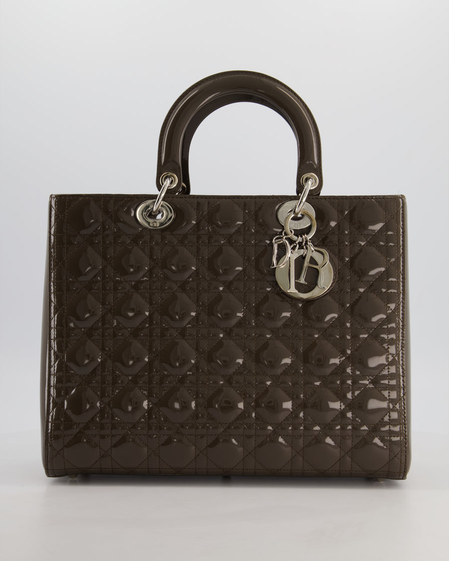 Christian Dior Large Lady Dior Bag in Dark Olive Green Patent Leather with Silver Hardware RRP £5,600