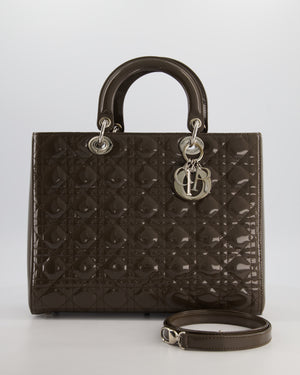 Christian Dior Large Lady Dior Bag in Dark Olive Green Patent Leather with Silver Hardware RRP £5,600