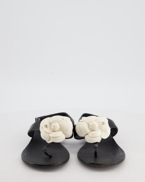 Chanel Black with Cream Camellia Detail Flat Leather Sandal Size  EU 38.5C