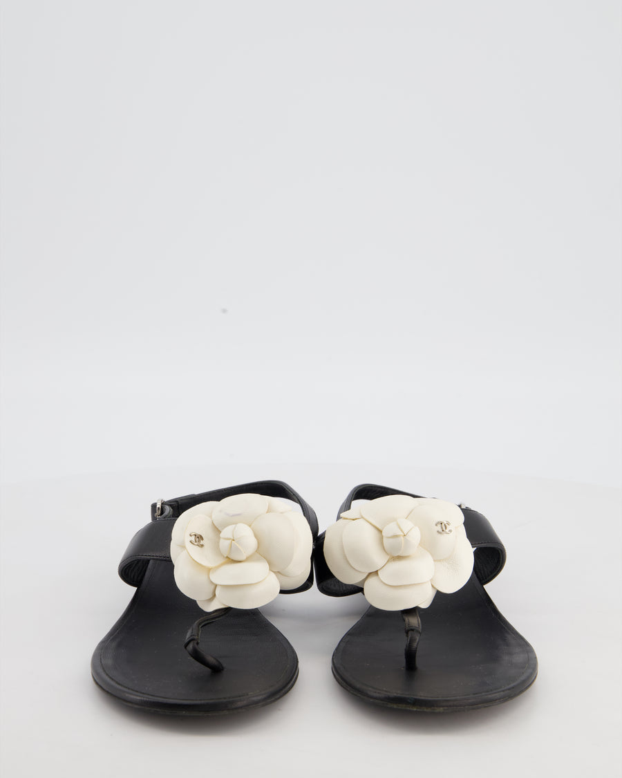 Chanel Black with Cream Camellia Detail Flat Leather Sandal Size  EU 38.5C
