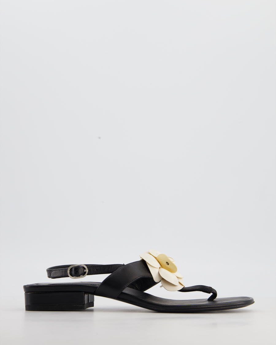 Chanel Black with Cream Camellia Detail Flat Leather Sandal Size  EU 38.5C