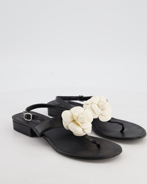 Chanel Black with Cream Camellia Detail Flat Leather Sandal Size  EU 38.5C
