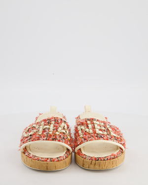 Chanel Pink, Coral Cream Tweed Espadrille Mule Sandal Size 39C