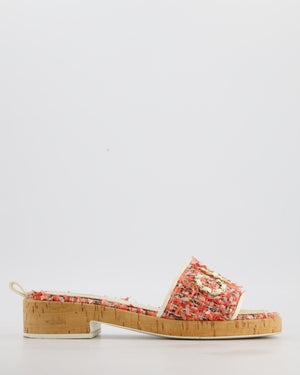 Chanel Pink, Coral Cream Tweed Espadrille Mule Sandal Size 39C
