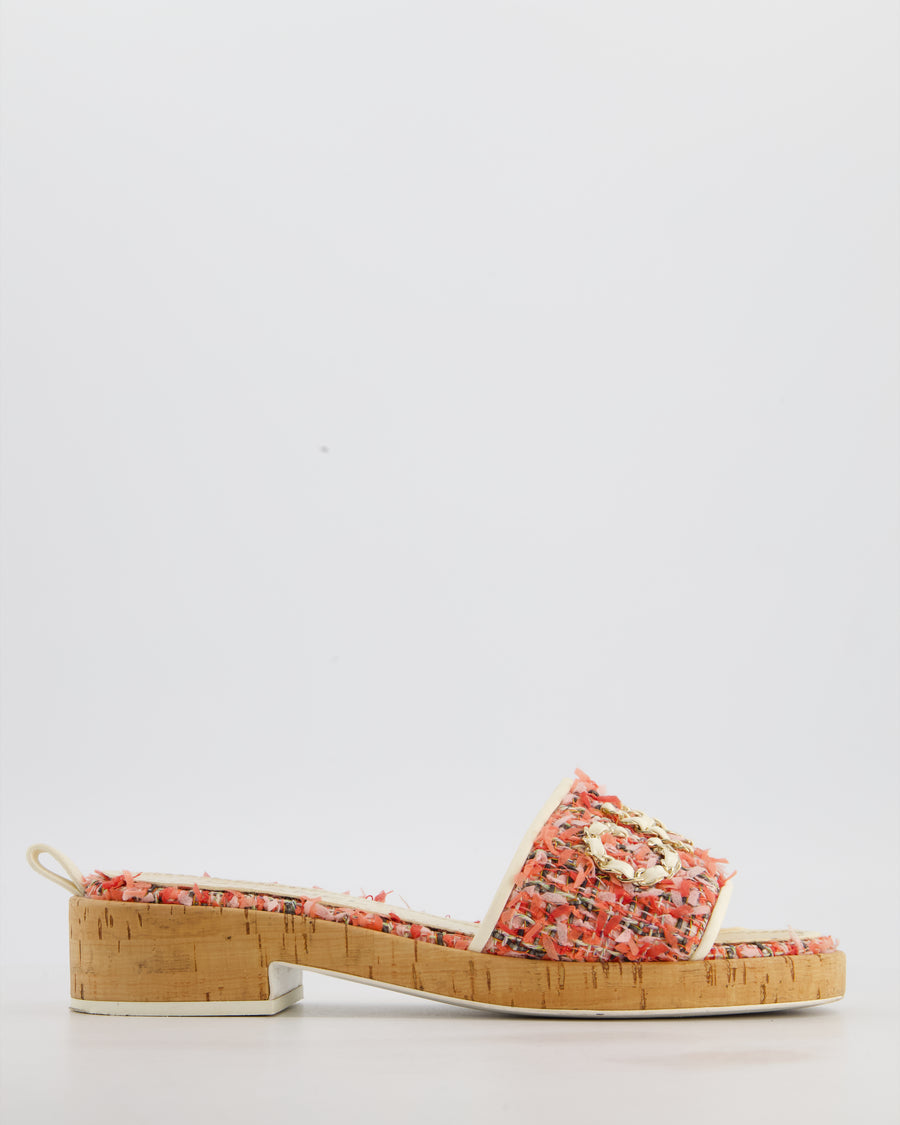 Chanel Pink, Coral Cream Tweed Espadrille Mule Sandal Size 39C