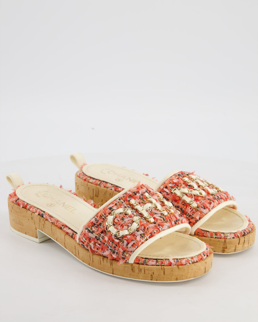 Chanel Pink, Coral Cream Tweed Espadrille Mule Sandal Size 39C