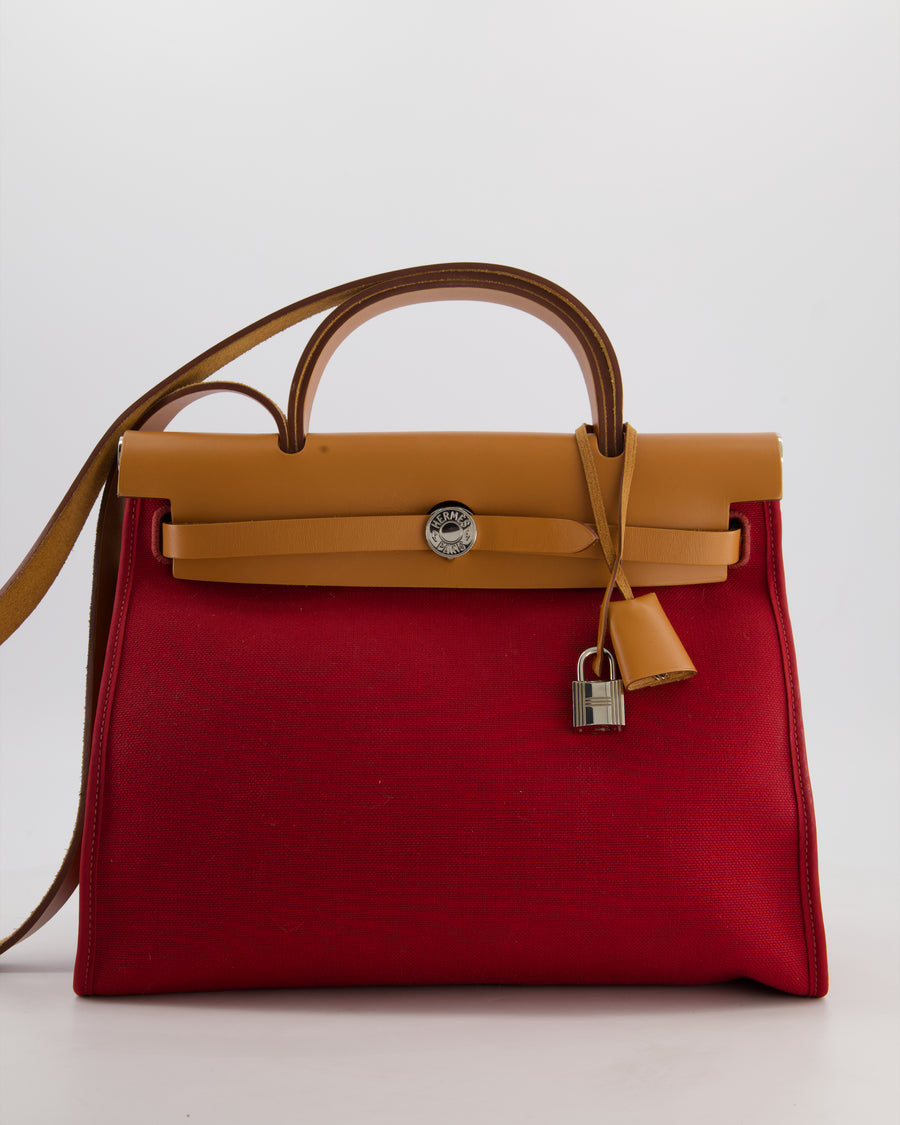 Hermès Herbag Zip 31 Retourne Bag in Naturel Vache Hunter Leather & Rouge Casaque Toile Canvas Canvas with Palladium Hardware