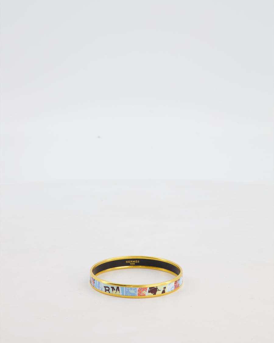 Hermès Enamel Postage Stamp Bangle Bracelet in Ciel & Noir with Gold Hardware