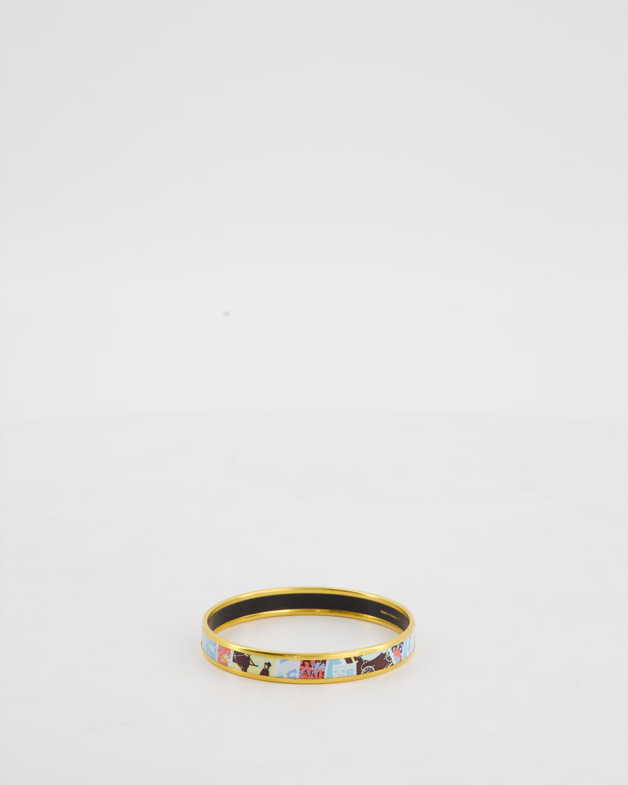 Hermès Enamel Postage Stamp Bangle Bracelet in Ciel & Noir with Gold Hardware