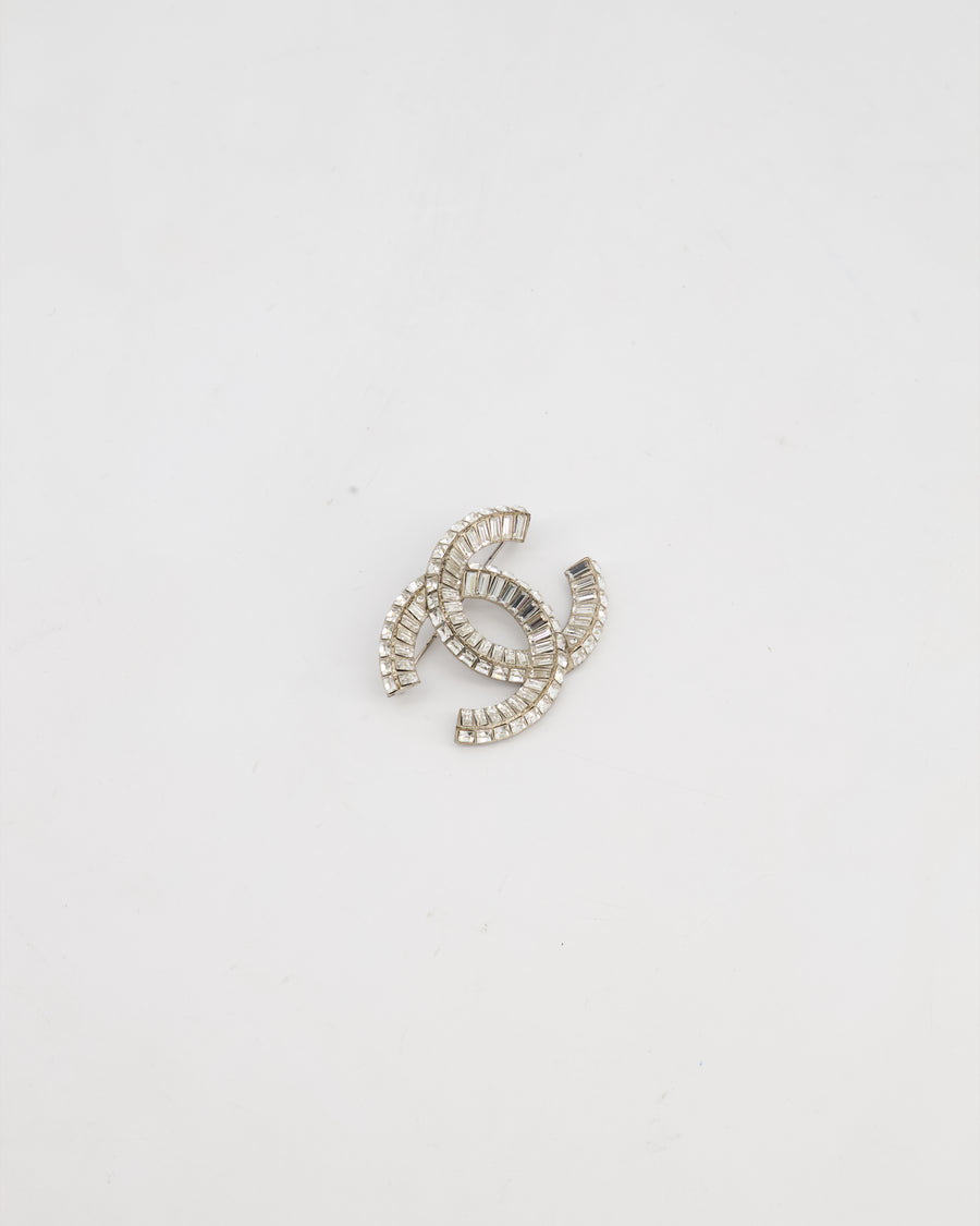 Chanel Silver Crystal Embellished CC Brooch