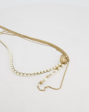 Chanel B19C Gold CC Logo Multi-Chain Necklace with Pearl Details