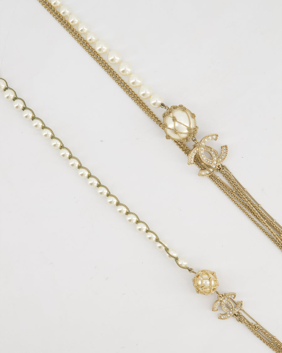 Chanel B19C Gold CC Logo Multi-Chain Necklace with Pearl Details