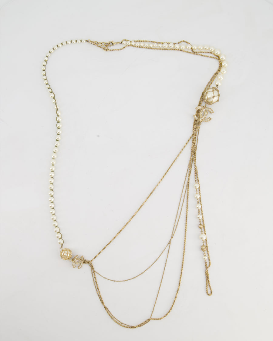 Chanel B19C Gold CC Logo Multi-Chain Necklace with Pearl Details