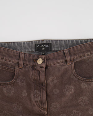 Chanel 25 Metiers D'Art Grey Wide-Leg Jeans with Flower Prints and Silver Lion Button Detail Size FR 38 (UK 10)