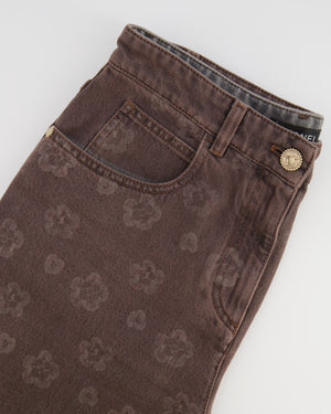 Chanel 25 Metiers D'Art Grey Wide-Leg Jeans with Flower Prints and Silver Lion Button Detail Size FR 38 (UK 10)