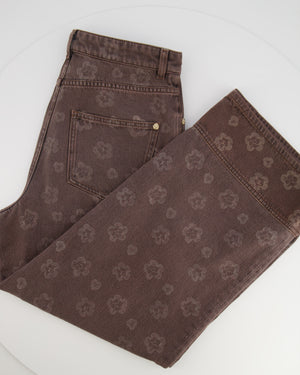 Chanel 25 Metiers D'Art Grey Wide-Leg Jeans with Flower Prints and Silver Lion Button Detail Size FR 38 (UK 10)