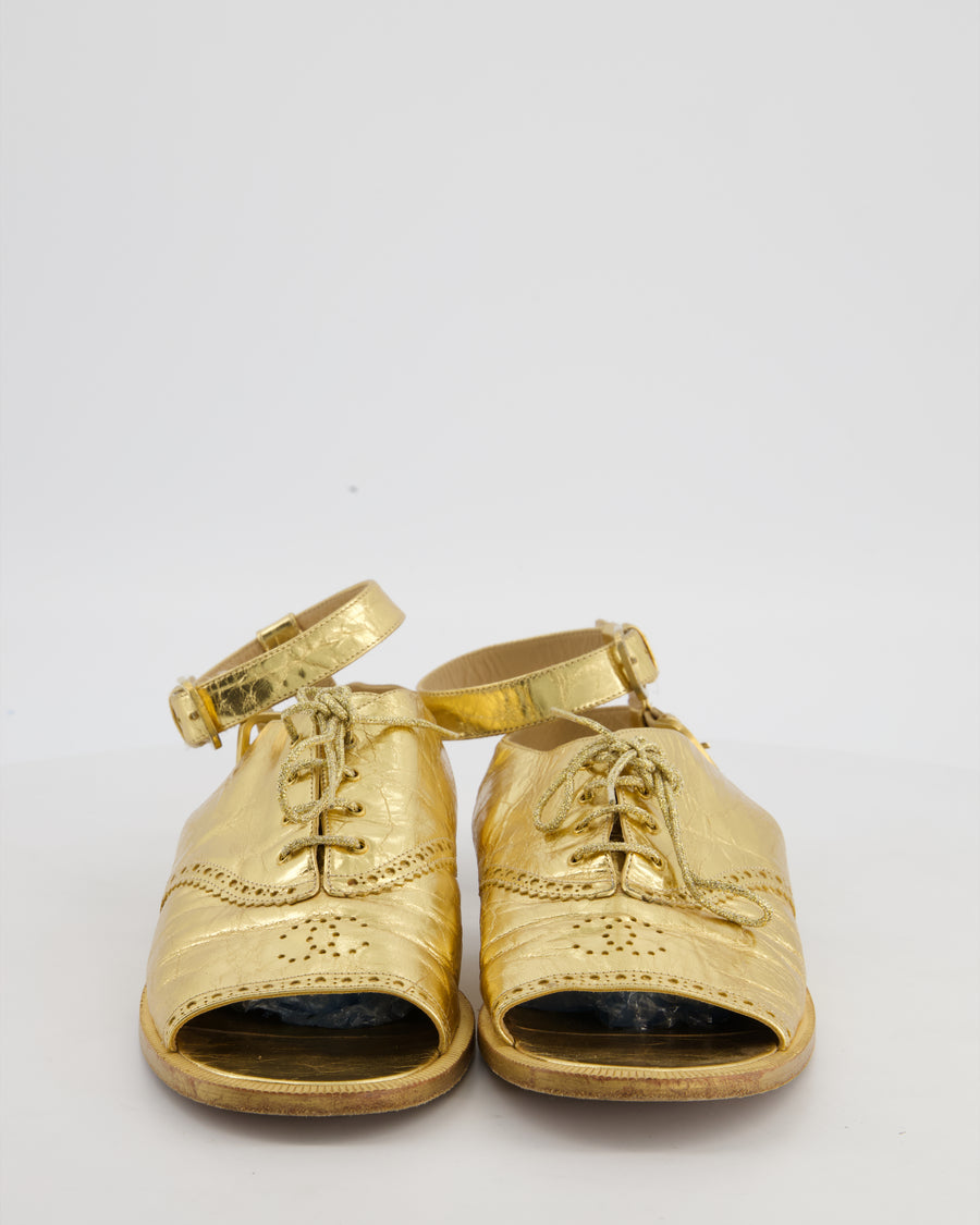 Chanel Gold Brogue Lace Up Sandal in Crumpled Calfskin Leather Size EU 40.5