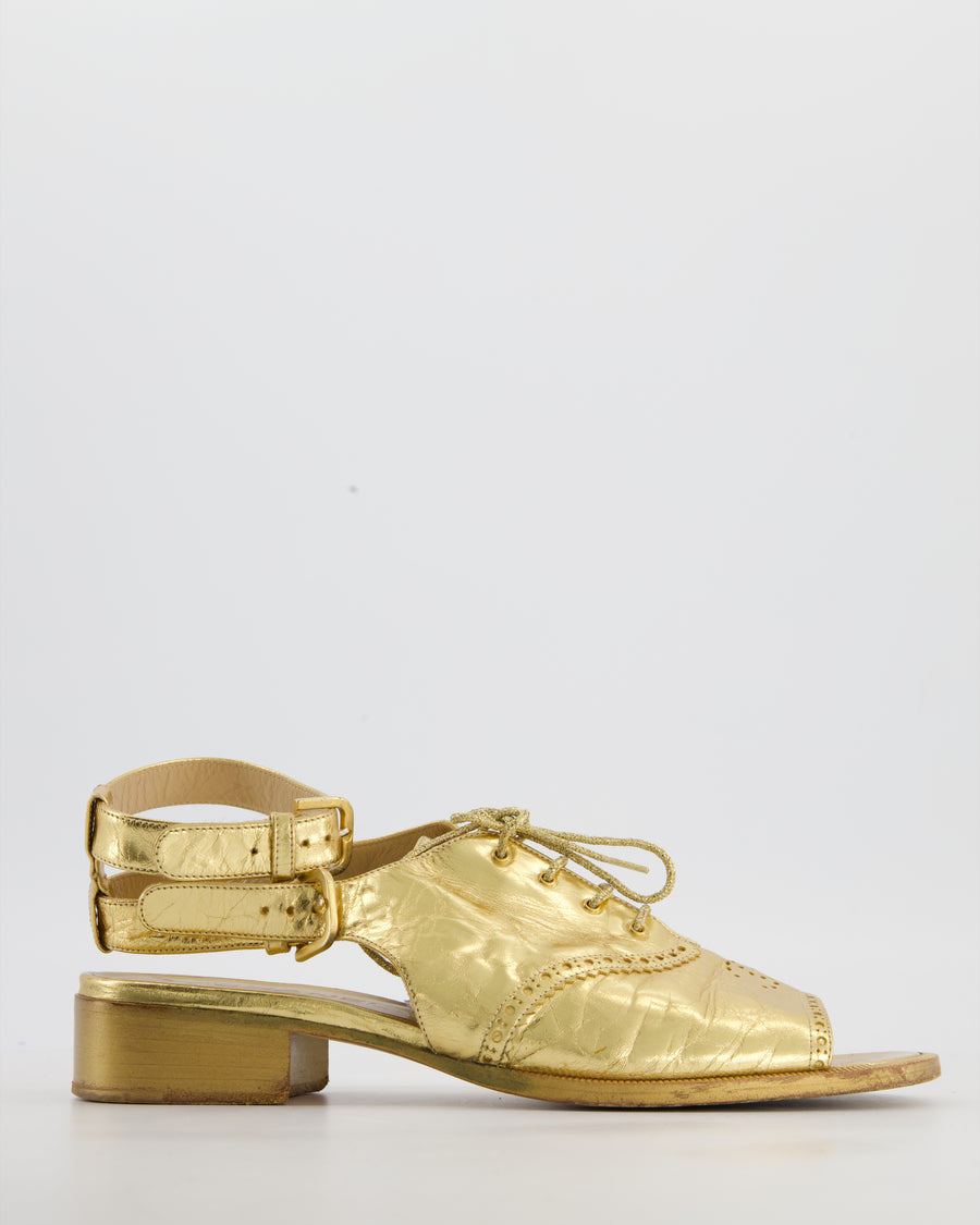 Chanel Gold Brogue Lace Up Sandal in Crumpled Calfskin Leather Size EU 40.5