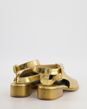 Chanel Gold Brogue Lace Up Sandal in Crumpled Calfskin Leather Size EU 40.5