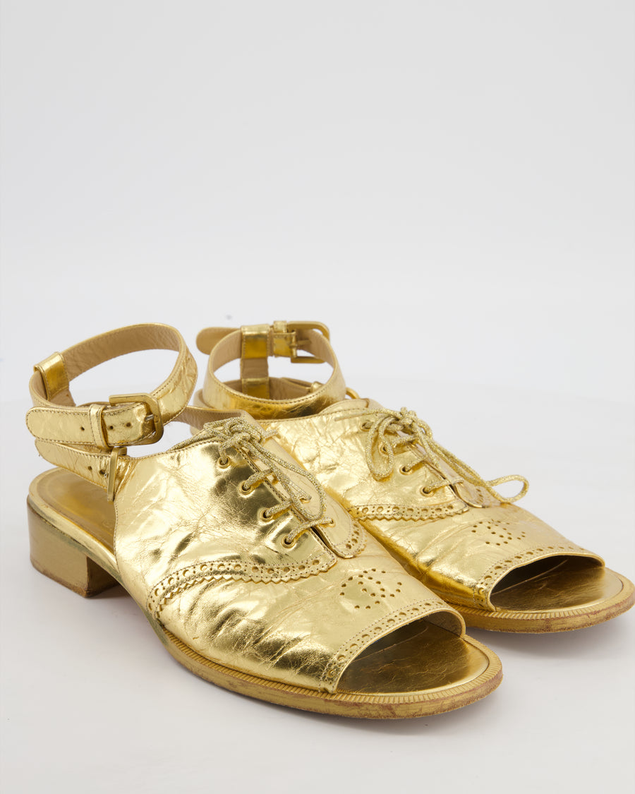 Chanel Gold Brogue Lace Up Sandal in Crumpled Calfskin Leather Size EU 40.5