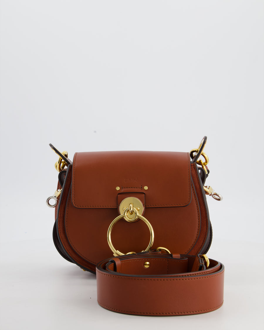 Chloe Brown Small Tess Bag in Grained Calfskin Leather with Gold Hardware