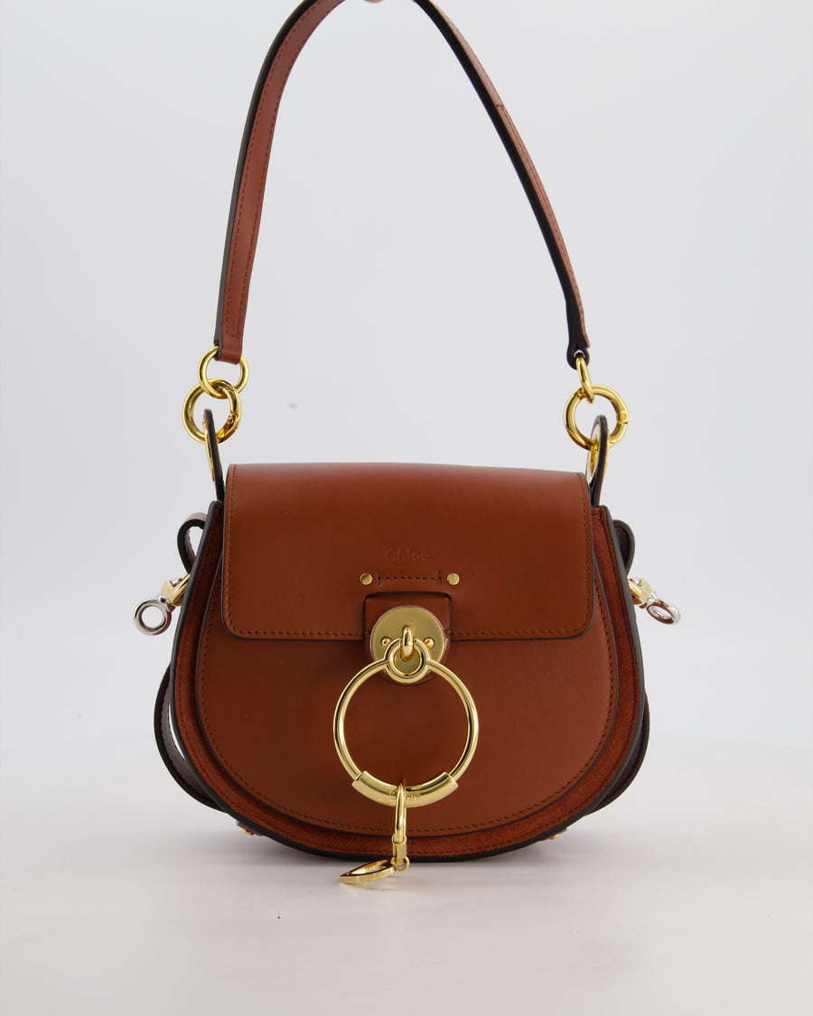 Chloe Brown Small Tess Bag in Grained Calfskin Leather with Gold Hardware