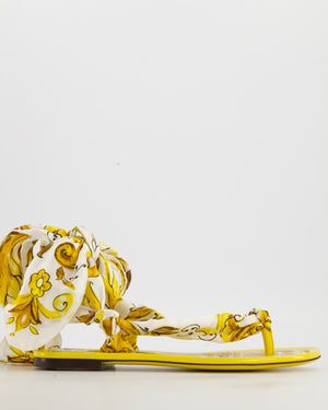 Dolce & Gabbana Yellow Maiolica Capri Scarf Leather-Trim Printed Twill Sandals Size EU 38.5