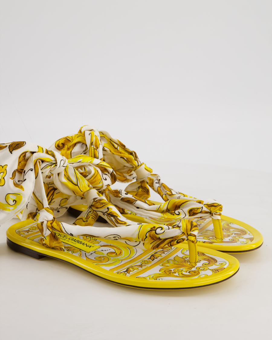 Dolce & Gabbana Yellow Maiolica Capri Scarf Leather-Trim Printed Twill Sandals Size EU 38.5
