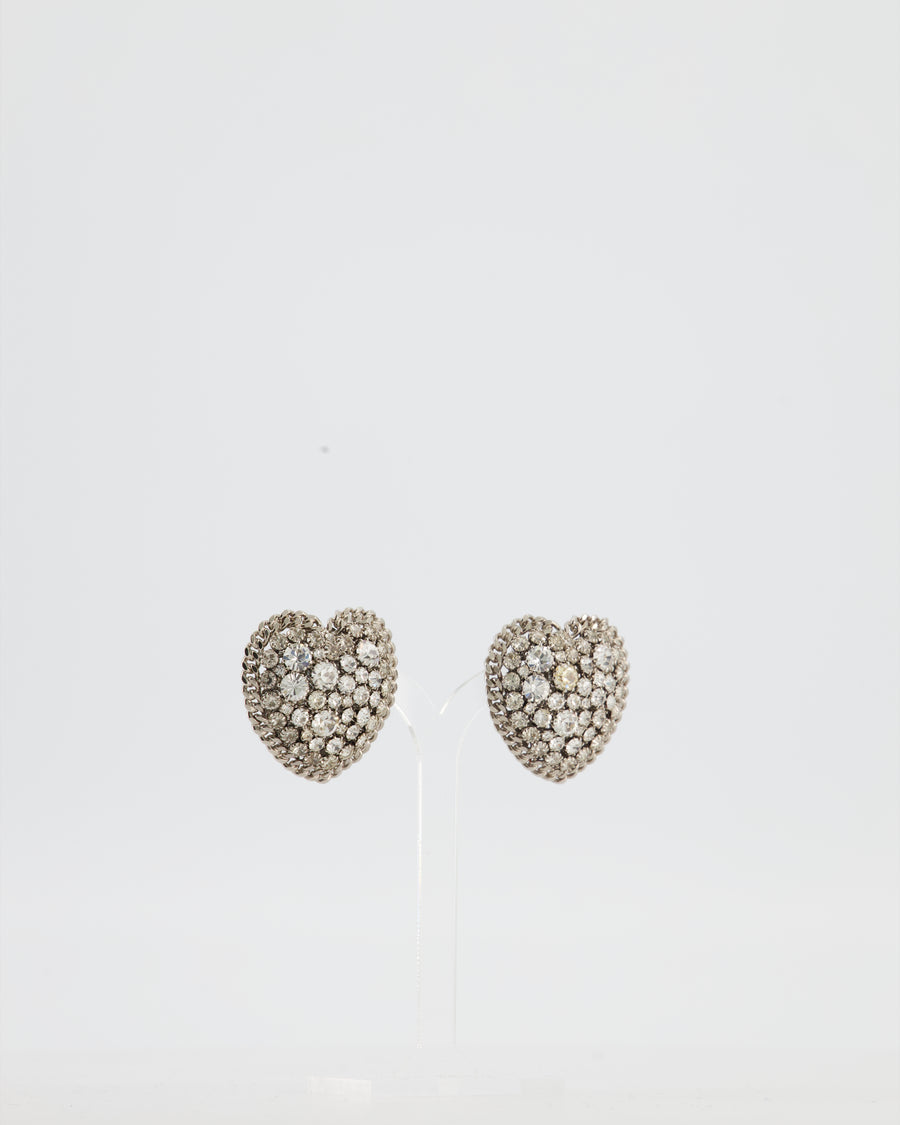 Alessandra Rich Silver Crystal Heart Clip-On Earrings