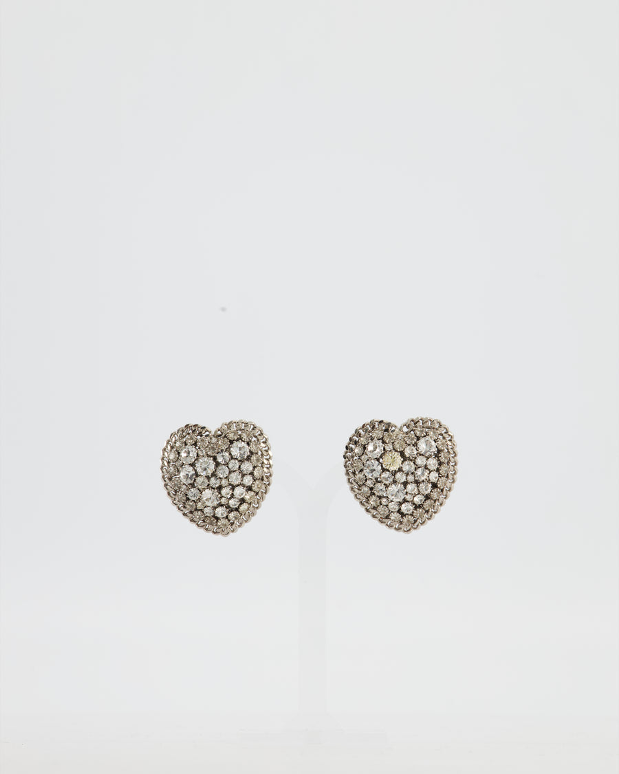 Alessandra Rich Silver Crystal Heart Clip-On Earrings
