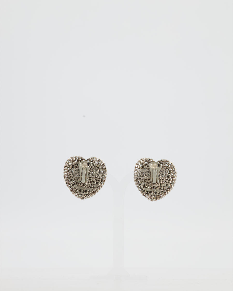Alessandra Rich Silver Crystal Heart Clip-On Earrings