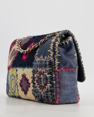 *RARE* Chanel Blue, Cream and Purple Patchwork Single Flap Bag in Tweed and Patent Leather with Silver Hardware