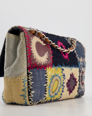 *RARE* Chanel Blue, Cream and Purple Patchwork Single Flap Bag in Tweed and Patent Leather with Silver Hardware