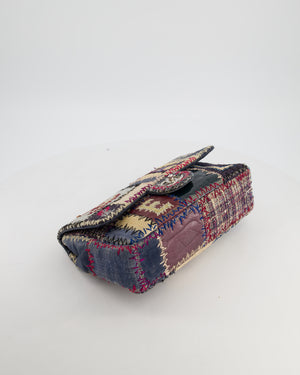 *RARE* Chanel Blue, Cream and Purple Patchwork Single Flap Bag in Tweed and Patent Leather with Silver Hardware