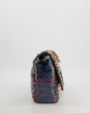 *RARE* Chanel Blue, Cream and Purple Patchwork Single Flap Bag in Tweed and Patent Leather with Silver Hardware