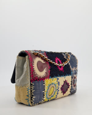 *RARE* Chanel Blue, Cream and Purple Patchwork Single Flap Bag in Tweed and Patent Leather with Silver Hardware