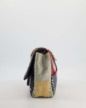 *RARE* Chanel Blue, Cream and Purple Patchwork Single Flap Bag in Tweed and Patent Leather with Silver Hardware