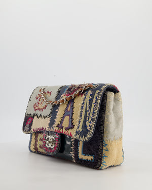 *RARE* Chanel Blue, Cream and Purple Patchwork Single Flap Bag in Tweed and Patent Leather with Silver Hardware