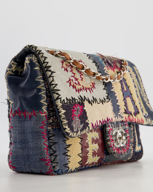 *RARE* Chanel Blue, Cream and Purple Patchwork Single Flap Bag in Tweed and Patent Leather with Silver Hardware