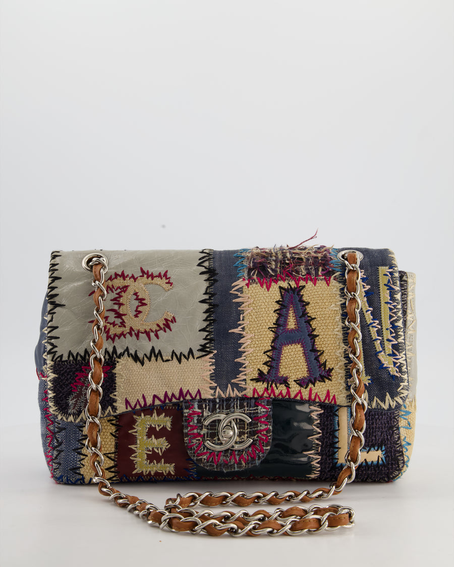 *RARE* Chanel Blue, Cream and Purple Patchwork Single Flap Bag in Tweed and Patent Leather with Silver Hardware