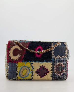 *RARE* Chanel Blue, Cream and Purple Patchwork Single Flap Bag in Tweed and Patent Leather with Silver Hardware