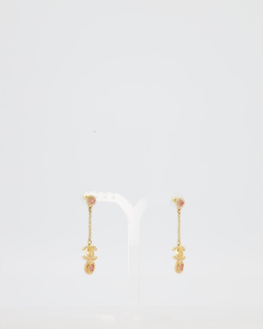 Chanel Gold CC and Light Pink Stone Drop Earrings