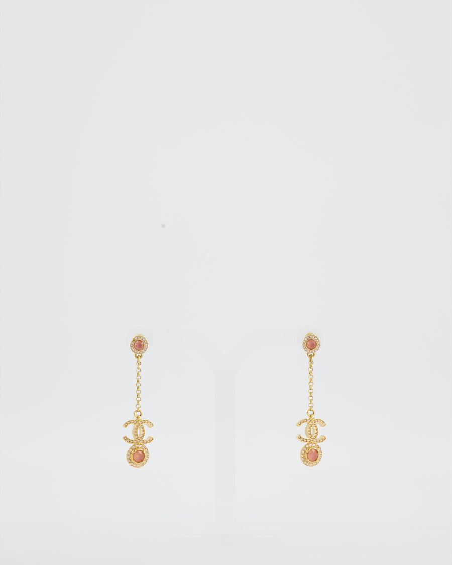 Chanel Gold CC and Light Pink Stone Drop Earrings