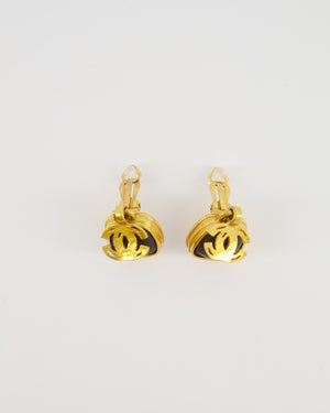 Chanel 97A Vintage Gold and Black Squared Clip-On Earrings with Pendant CC Logo