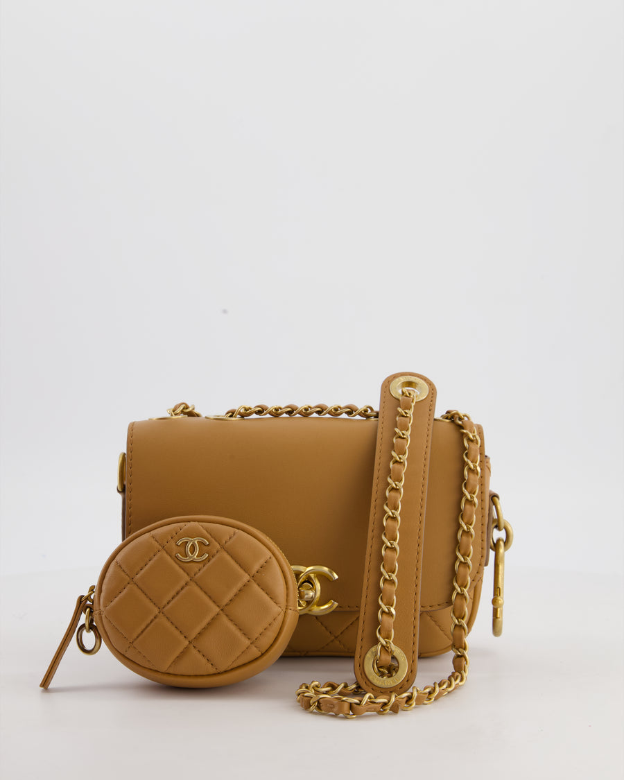 Chanel Caramel Quilted Multi Pouch Mini Flap Bag with Coin Purse in Lambskin Leather with Brushed Gold Hardware