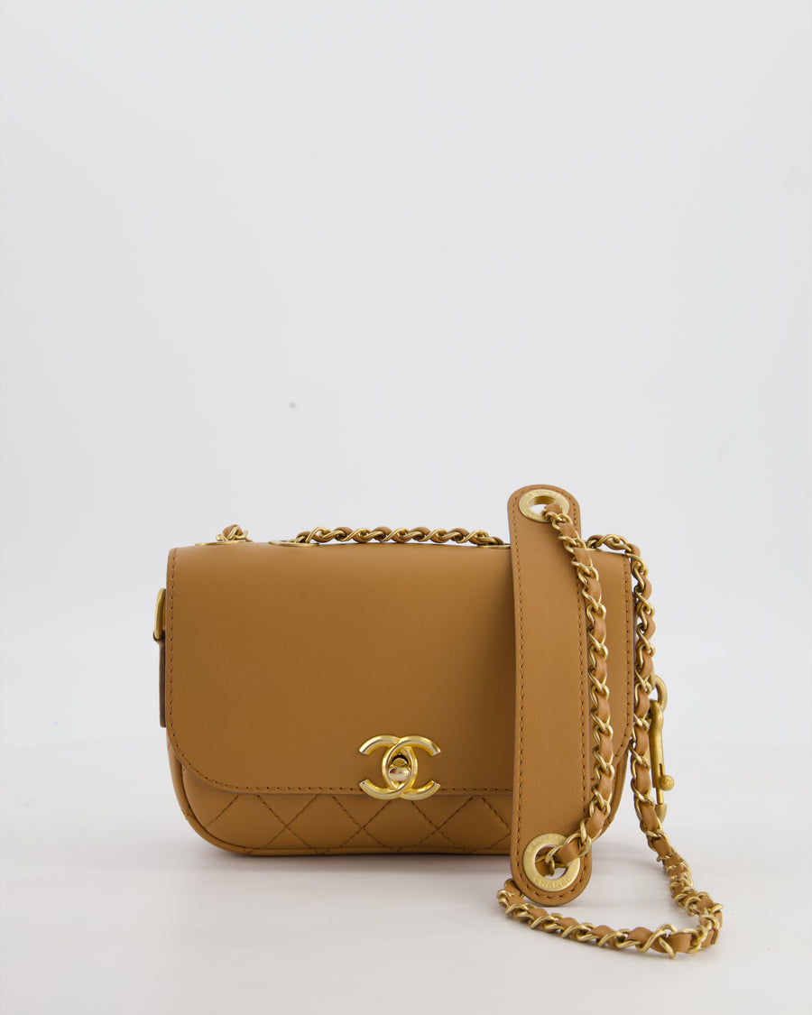 Chanel Caramel Quilted Multi Pouch Mini Flap Bag with Coin Purse in Lambskin Leather with Brushed Gold Hardware